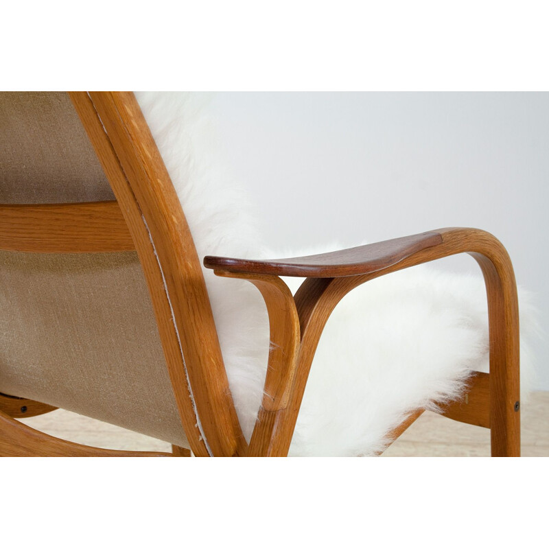 Vintage lounge chair by Yngve Ekström in oak & sheepskin, Scandinavian 1951