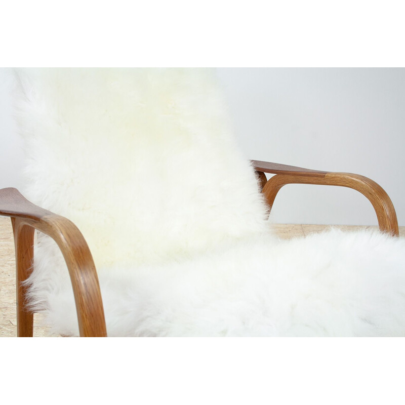 Vintage lounge chair by Yngve Ekström in oak & sheepskin, Scandinavian 1951