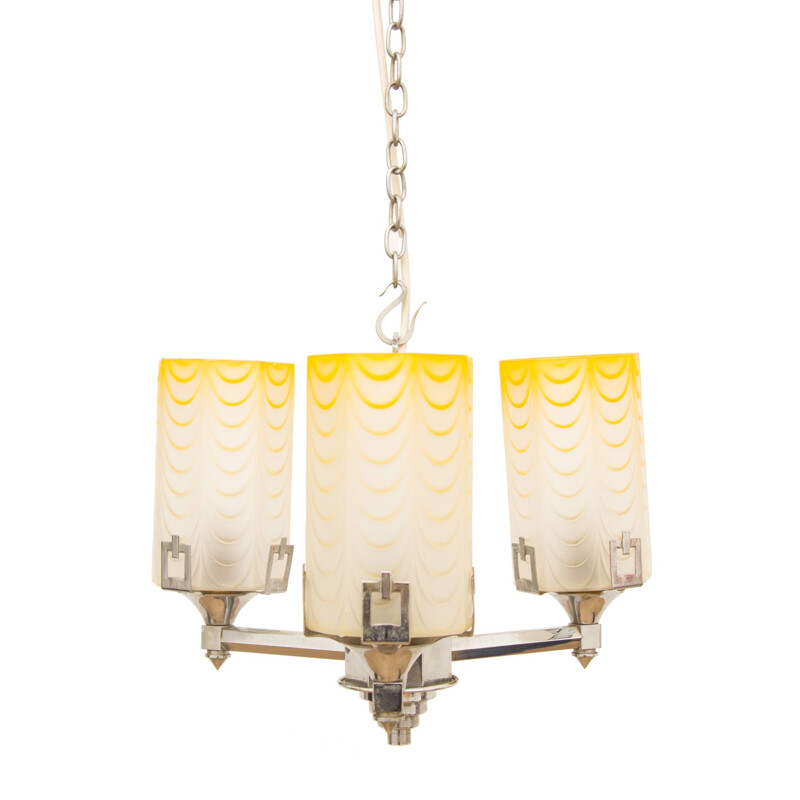 Vintage chandelier yellow glass cylinders 1930s