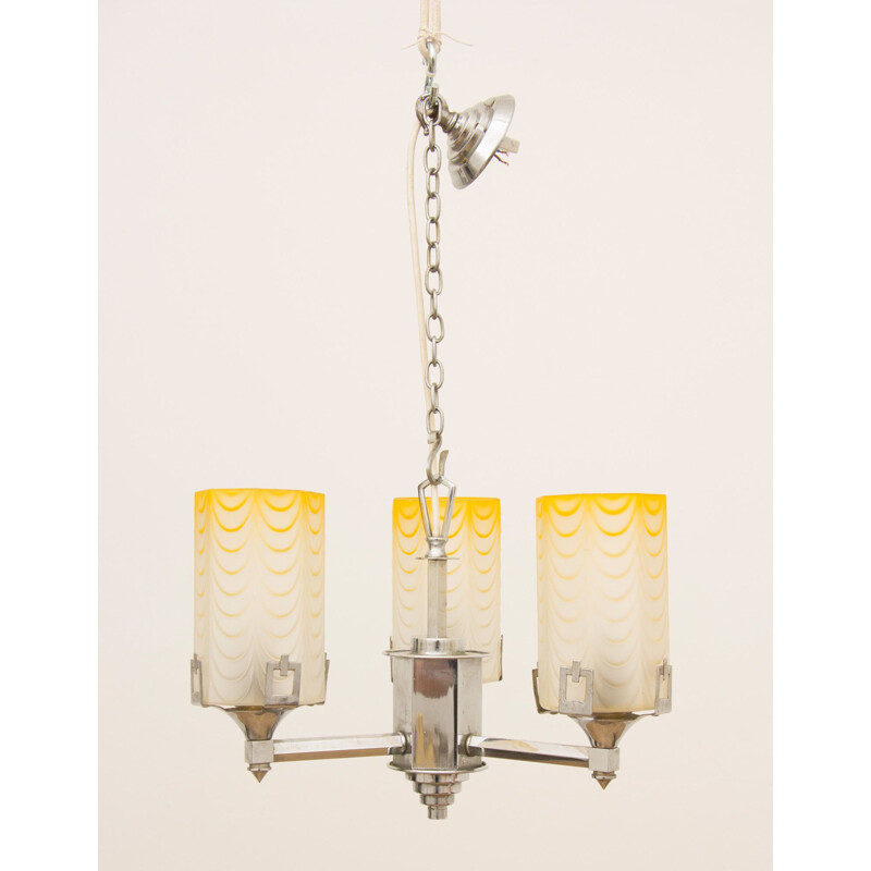 Vintage chandelier yellow glass cylinders 1930s