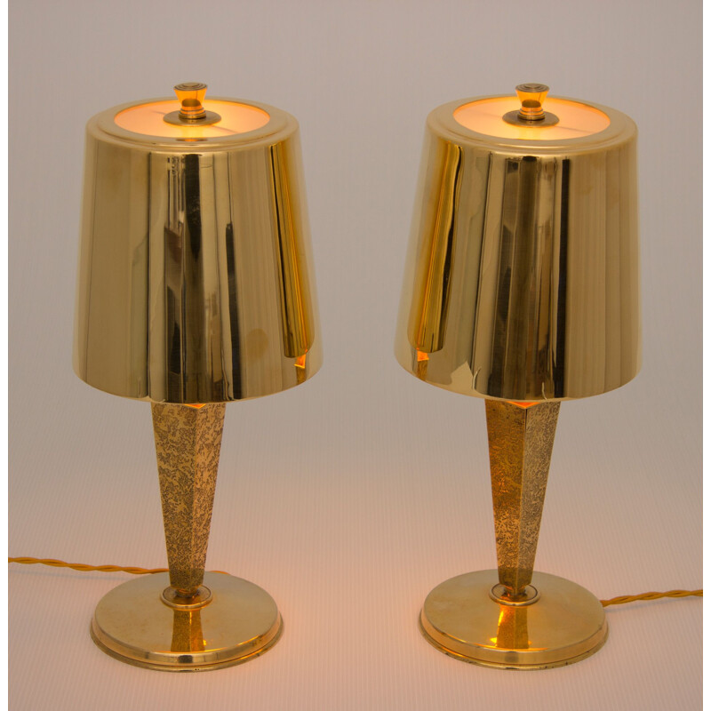 Pareja de lámparas de sobremesa vintage de bronce dorado de Genet et Michon, Francia 1930