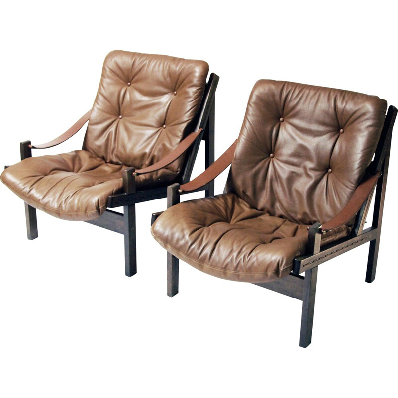 Pair of Hunter armchairs in wood and leather, Torbjorn AFDAL - 1960s