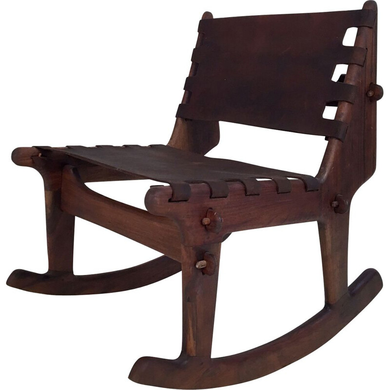 Vintage walnut and leather rocking chair by Angel Pazmino