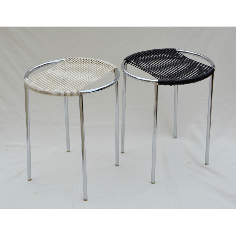 Set of 2 black and white scoubidou and metal stools - 1960s 