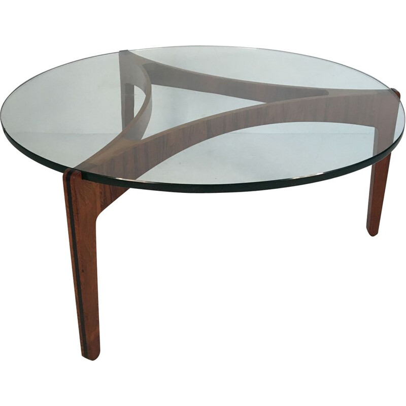 Vintage coffee table in glass and rosewood by Sven Ellekaer