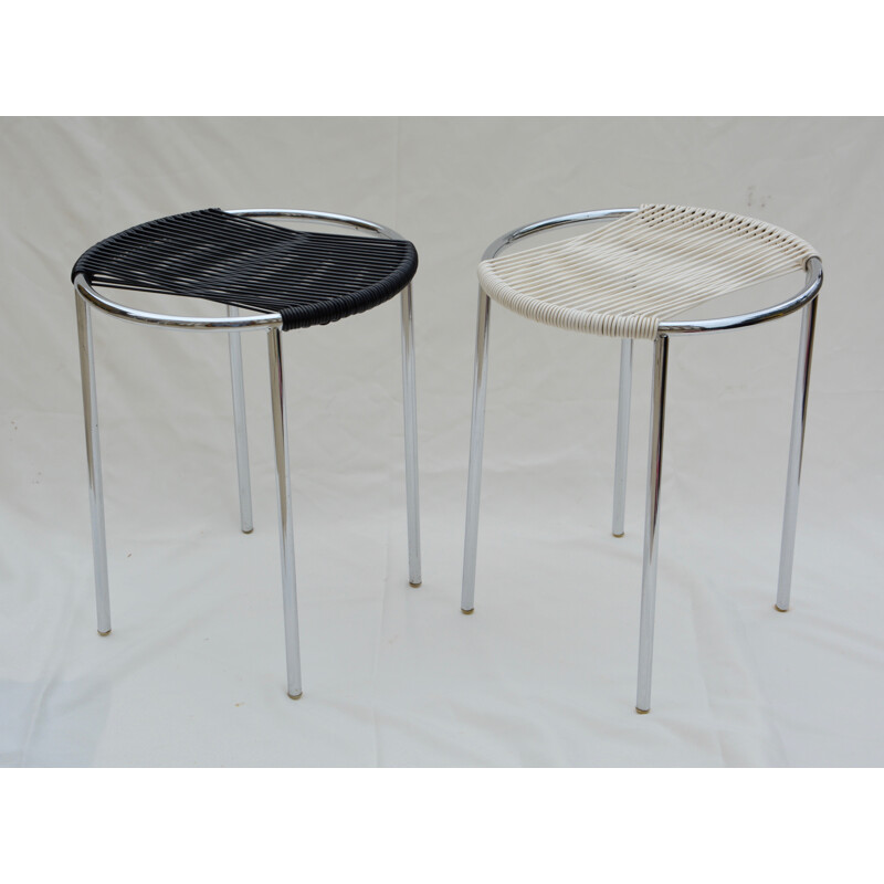 Set of 2 black and white scoubidou and metal stools - 1960s 