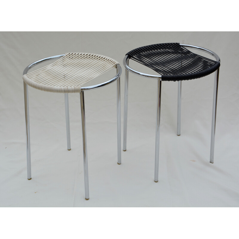 Set of 2 black and white scoubidou and metal stools - 1960s 