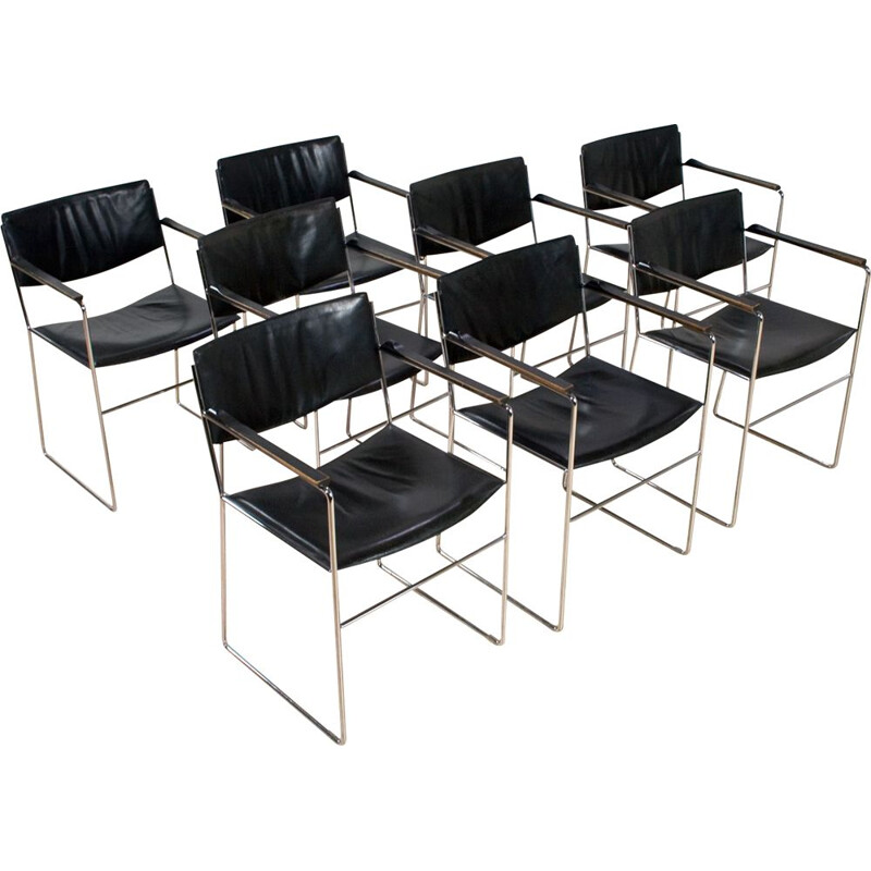 Ensemble de 8 fauteuils vintage en cuir noir et acier chromé, Italie des années 1960