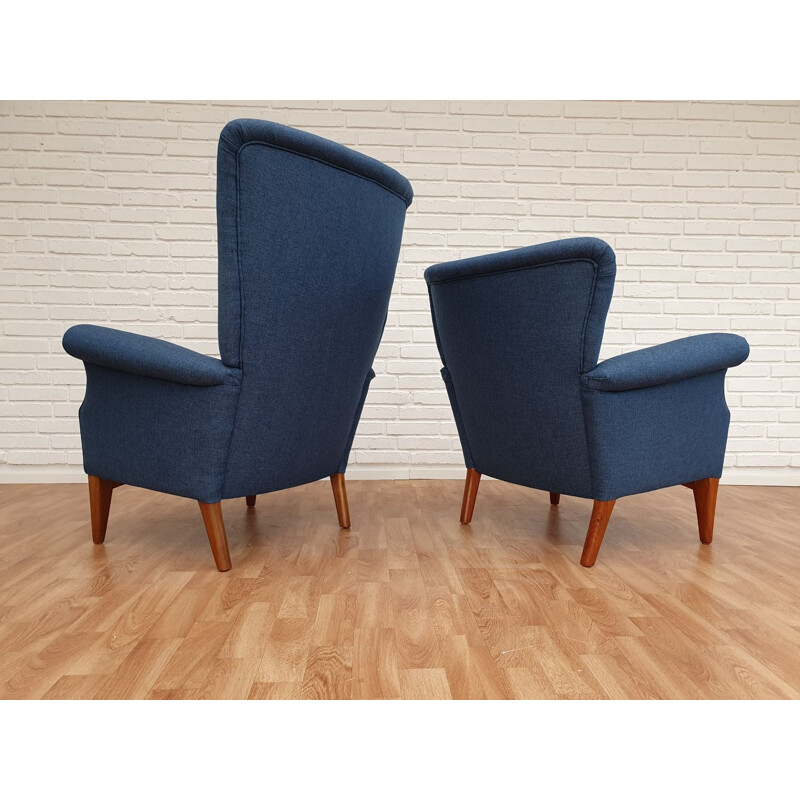 Set of 2 vintage danish armchairs for Fritz Hansen in blue fabric and beech 1960s