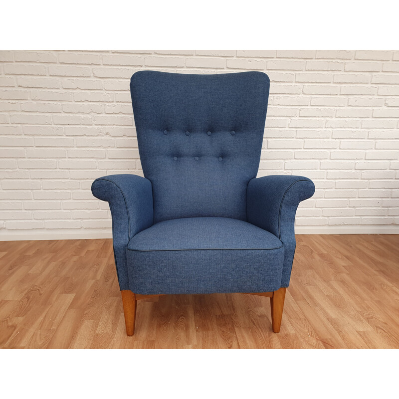 Ensemble de 2 fauteuils vintage danois pour Fritz Hansen en tissu bleu et hêtre 1960