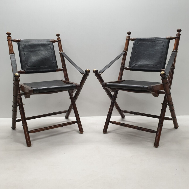 Set of 2 vintage folding chairs in black leatherette and teak 1980