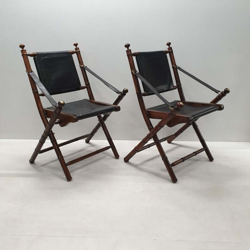 Set of 2 vintage folding chairs in black leatherette and teak 1980