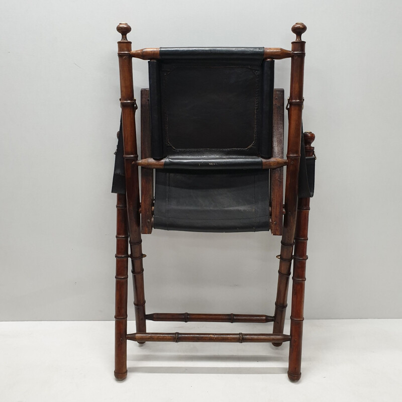 Ensemble de 2 chaises vintage pliantes en simili cuir noire et teck 1980