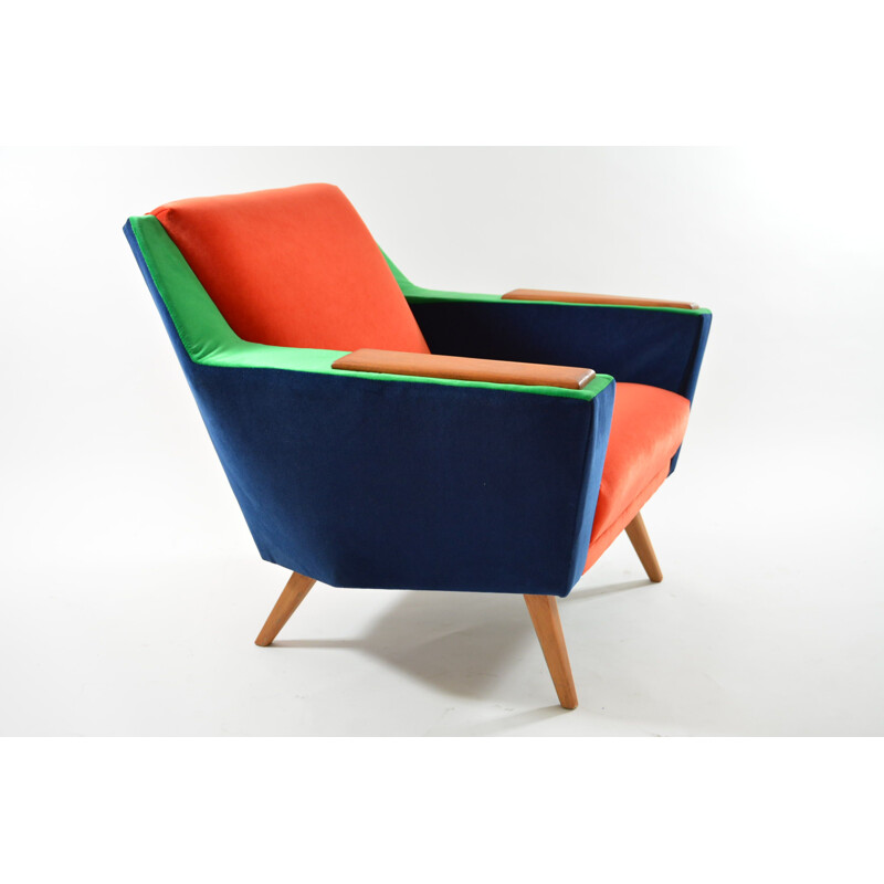 German vintage armchair in blue green and orange velvet 1970