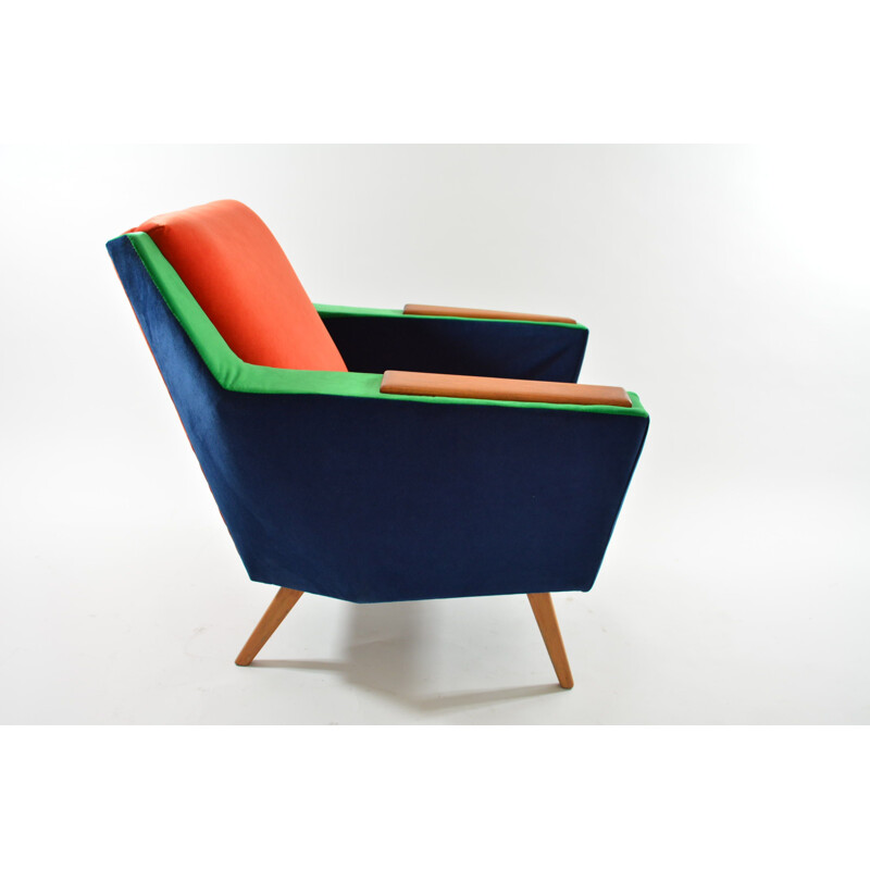 German vintage armchair in blue green and orange velvet 1970