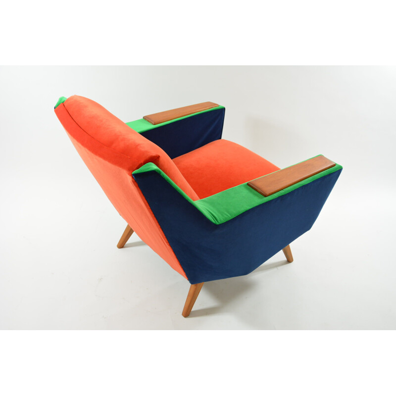 German vintage armchair in blue green and orange velvet 1970