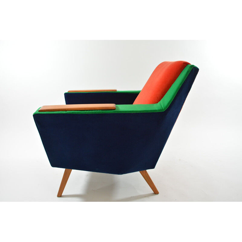 German vintage armchair in blue green and orange velvet 1970