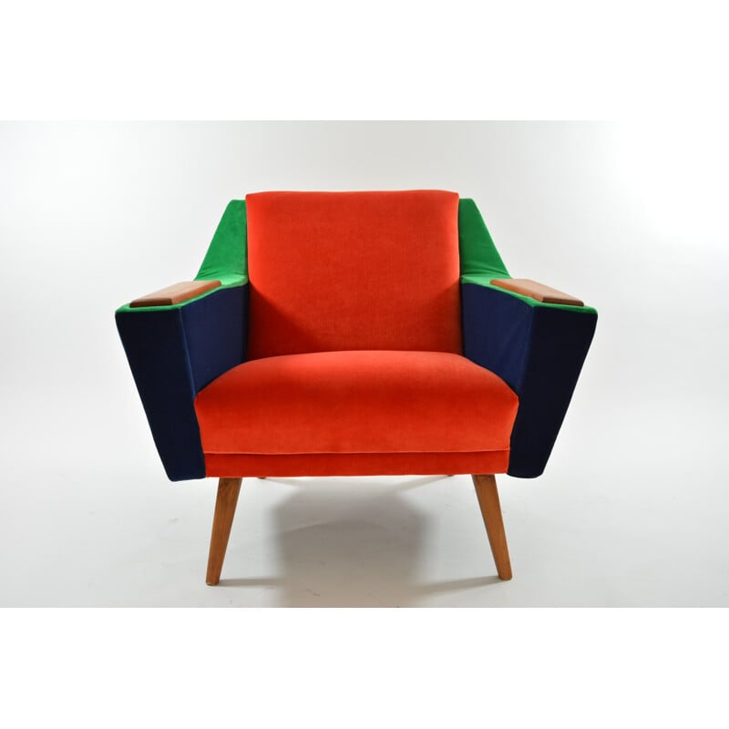 German vintage armchair in blue green and orange velvet 1970