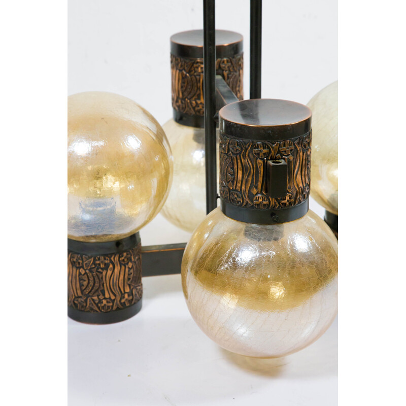 Lustre vintage en cuivre avec ampoules en verre