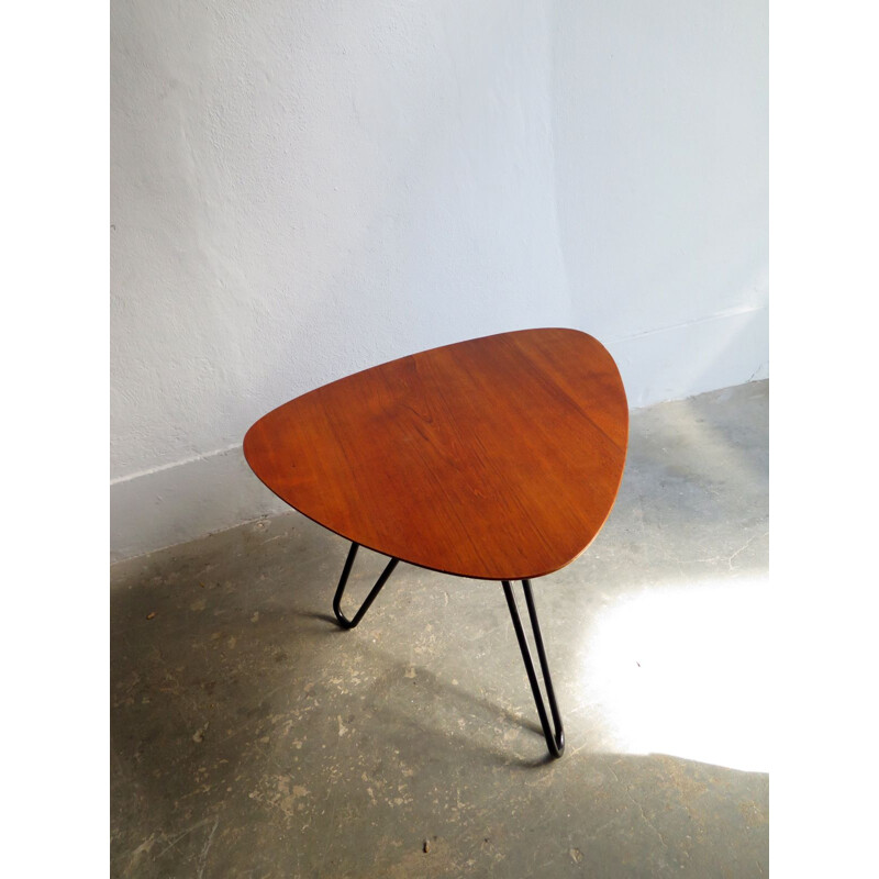 Vintage side table in teak with three black metal legs,1950