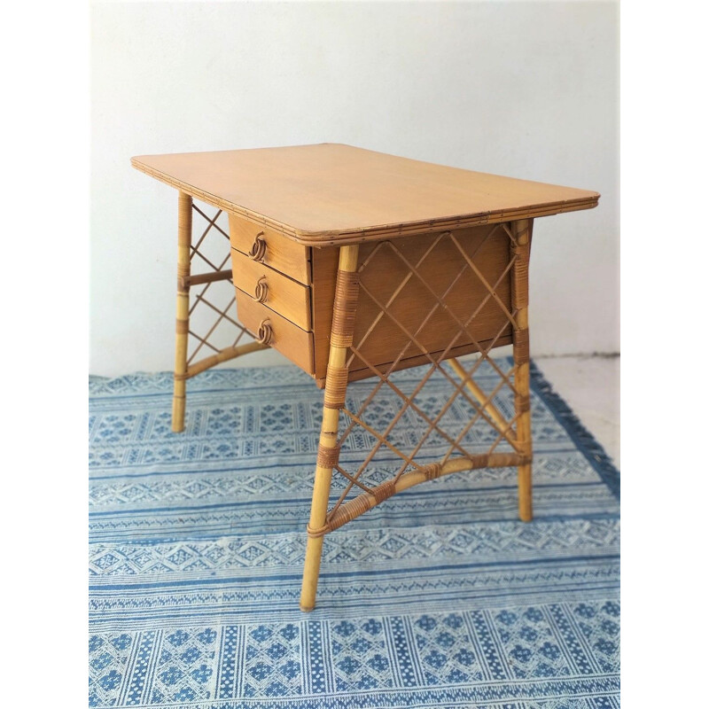 Bureau vintage en rotin par Louis Sognot 1950