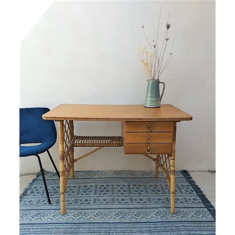 Vintage rattan desk by Louis Sognot 1950