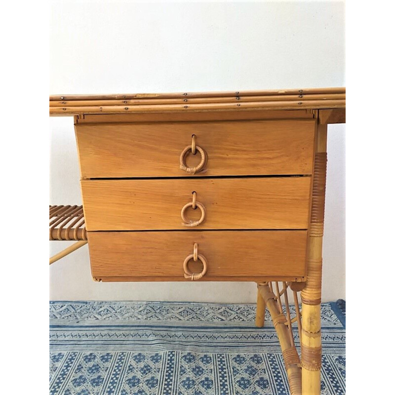 Vintage rattan desk by Louis Sognot 1950