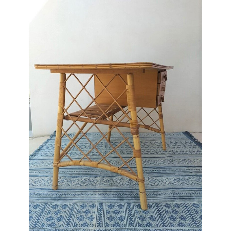 Vintage rattan desk by Louis Sognot 1950