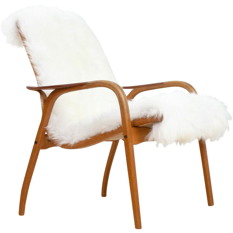 Vintage lounge chair by Yngve Ekström in oak & sheepskin, Scandinavian 1951