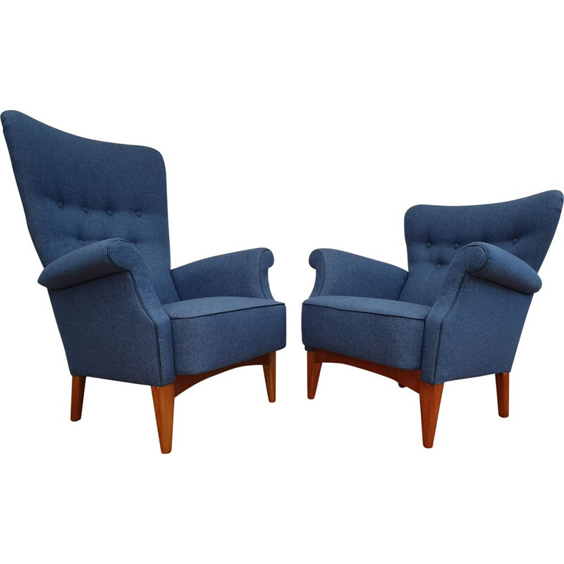 Set of 2 vintage danish armchairs for Fritz Hansen in blue fabric and beech 1960s