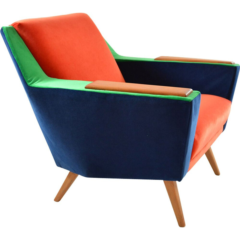 German vintage armchair in blue green and orange velvet 1970