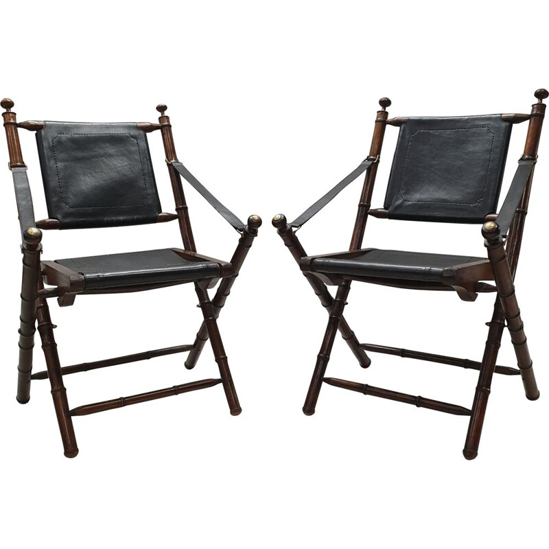 Set of 2 vintage folding chairs in black leatherette and teak 1980