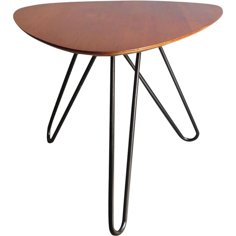 Vintage side table in teak with three black metal legs,1950