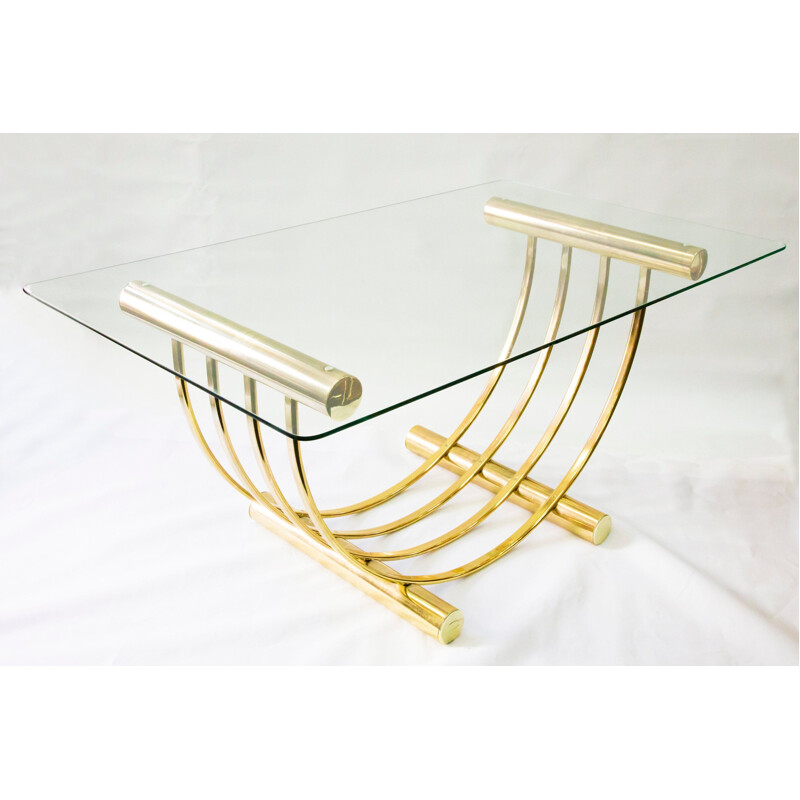 Vintage dining table brass plated with glass top 1960s
