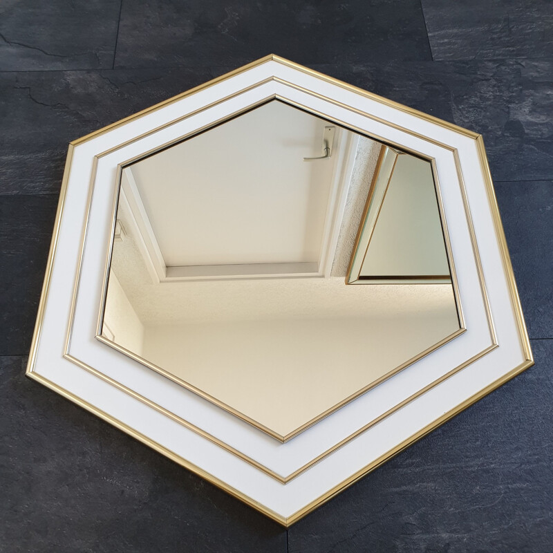 Vintage mirror hexagon white lacquered with gold plating, France 70s