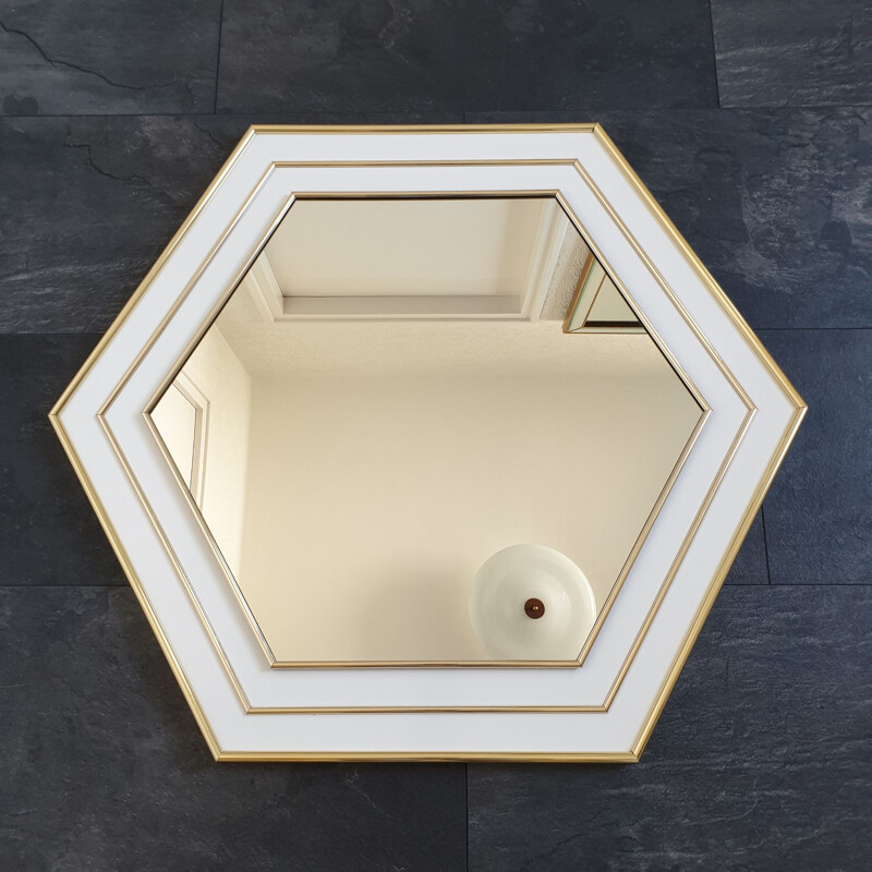 Vintage mirror hexagon white lacquered with gold plating, France 70s