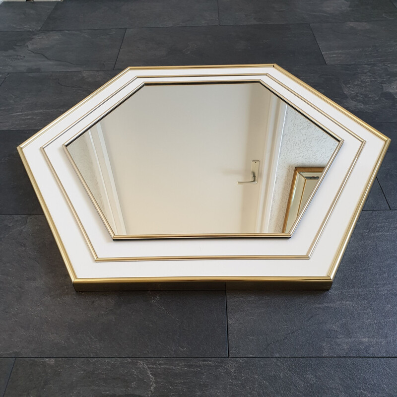 Vintage mirror hexagon white lacquered with gold plating, France 70s