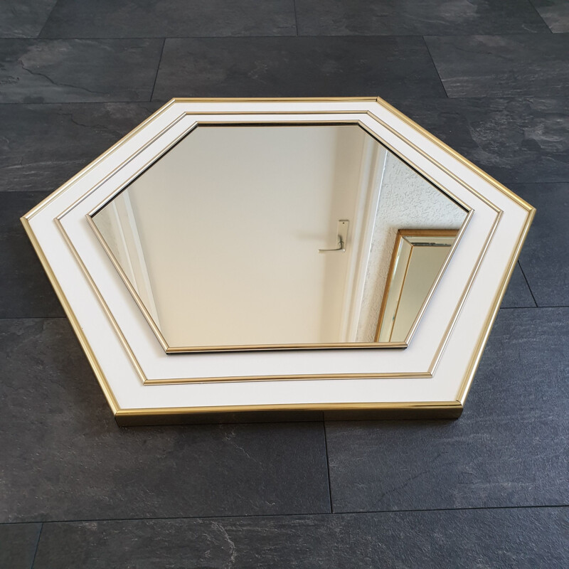 Vintage mirror hexagon white lacquered with gold plating, France 70s