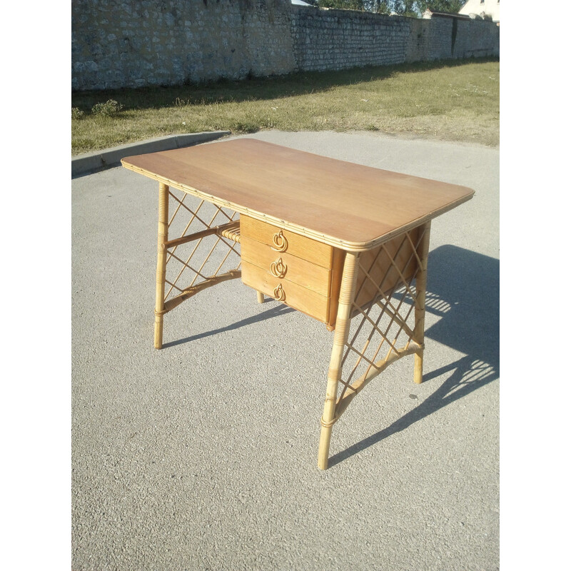 Vintage rattan desk by Louis Sognot,1950