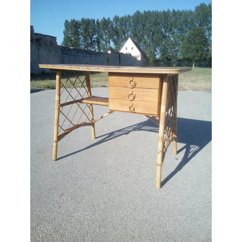 Vintage rattan desk by Louis Sognot,1950