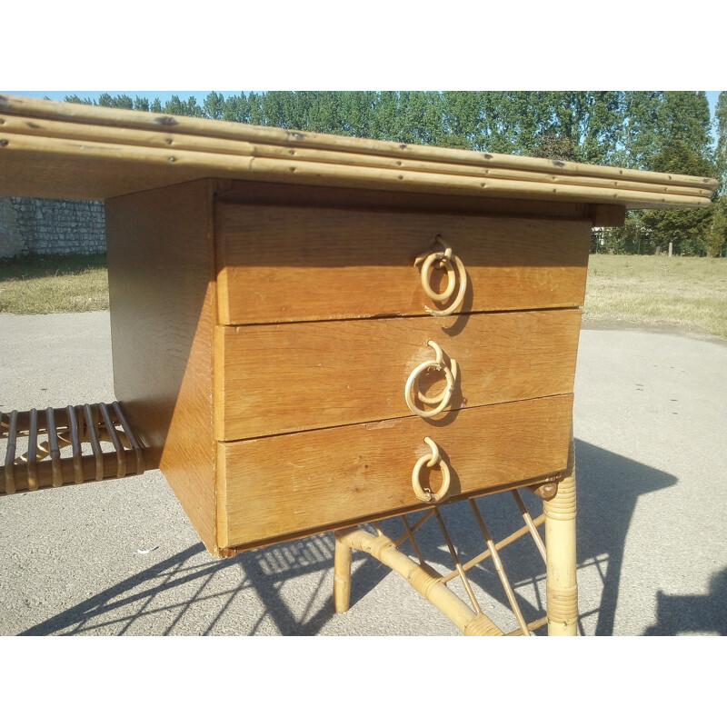 Vintage rattan desk by Louis Sognot,1950