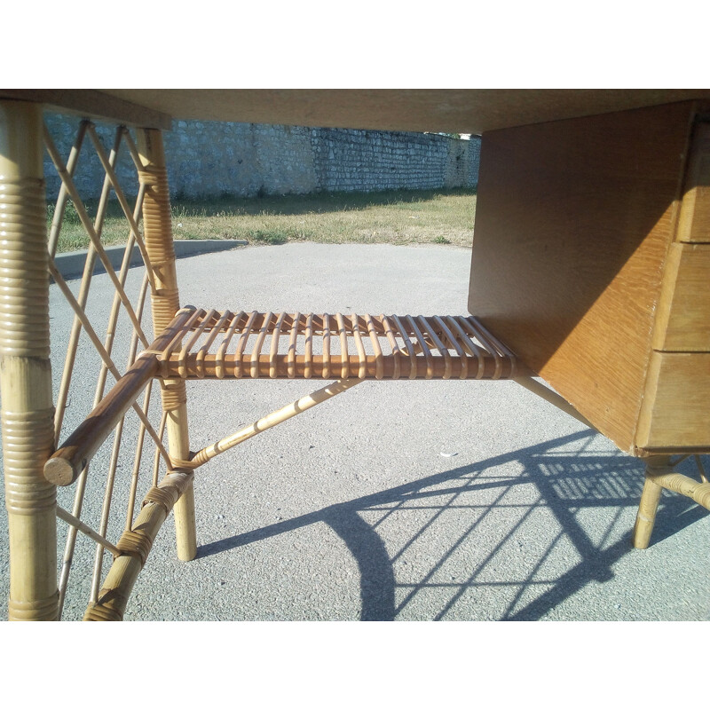 Vintage rattan desk by Louis Sognot,1950