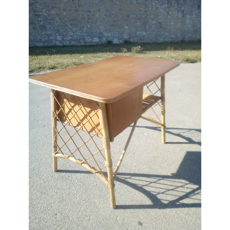 Vintage rattan desk by Louis Sognot,1950