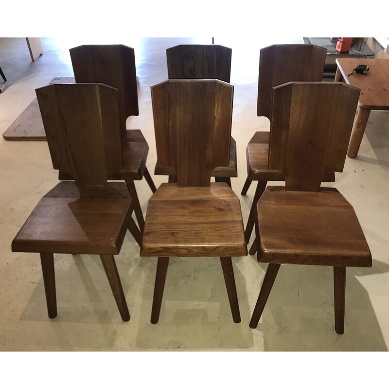 Suite de 6 chaises vintage S28A de Pierre Chapo en orme 1970s