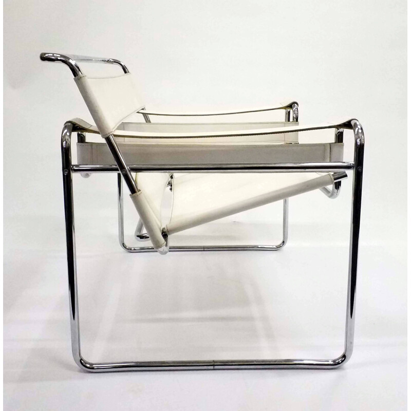 Fauteuil vintage Wassily de Marcel Breuer en cuir blanc et chrome 1970