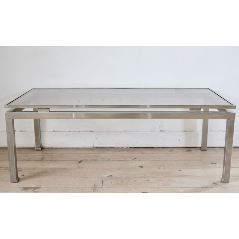 Vintage coffee table for Maison Jansen by Guy Lefevre in steel and smoky glass