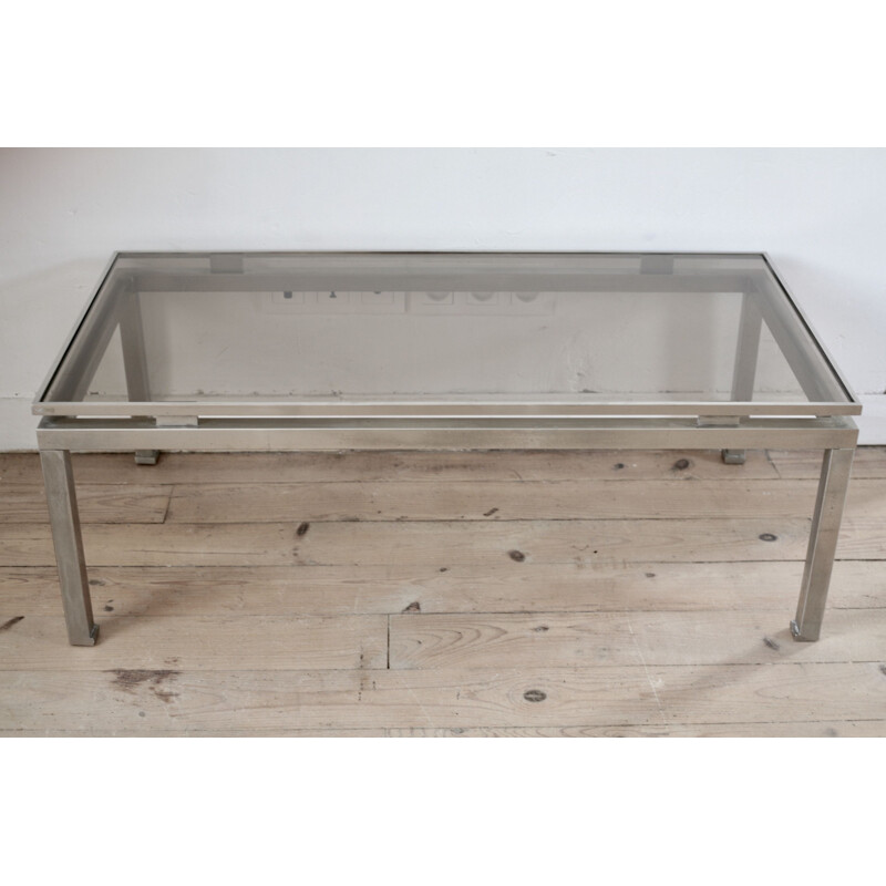 Vintage coffee table for Maison Jansen by Guy Lefevre in steel and smoky glass