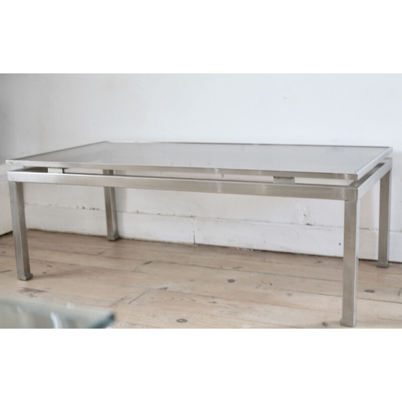 Vintage coffee table for Maison Jansen by Guy Lefevre in steel and smoky glass