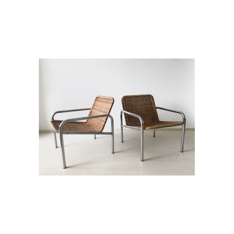Paar vintage metalen en rieten fauteuils - 1960