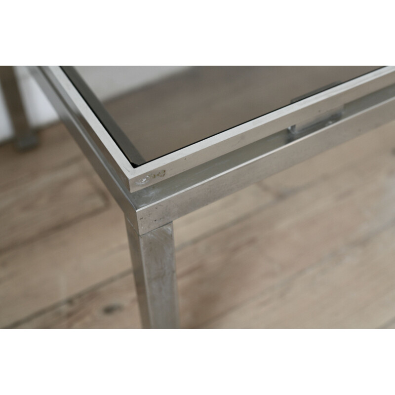 Vintage coffee table for Maison Jansen by Guy Lefevre in steel and smoky glass